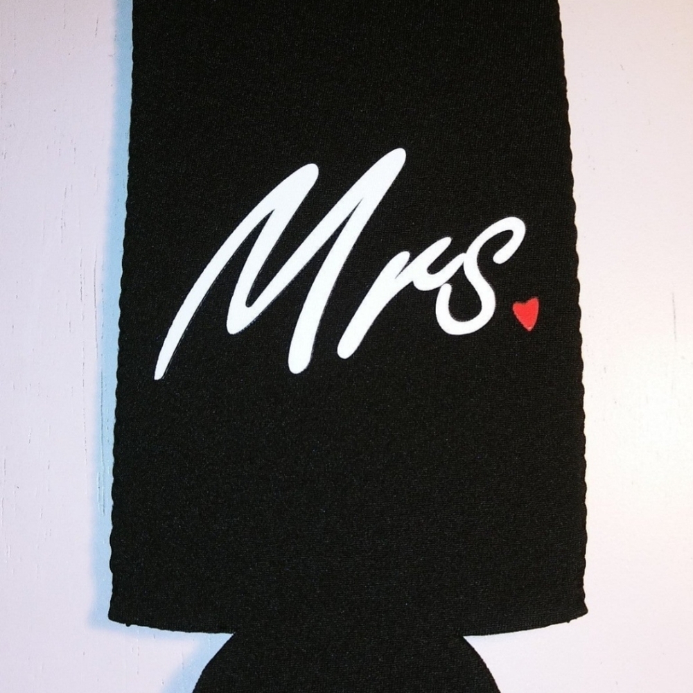 Mrs (Set 2) Can Cooler White Black Red Heart 12 oz neoprene- Wedding